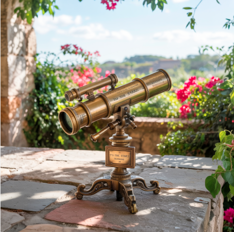 A vintage brass telescope on a decorative stand sits on a stone table, surrounded by vibrant pink flowers and leafy greenery, with a scenic, sunlit landscape in the background—perfect inspiration for an Elementor design.