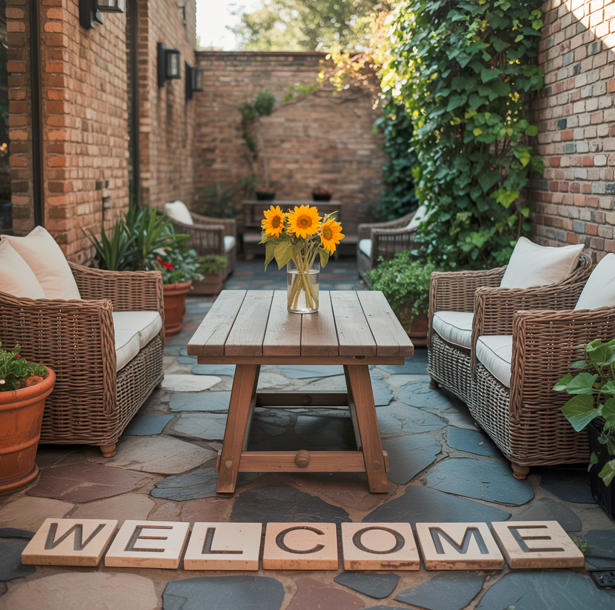 A cozy outdoor patio designed with Elementor, featuring wicker chairs, a wooden table holding a vase of sunflowers, potted plants, and large letter tiles on the stone floor spelling "WELCOME" in front of the seating area.
