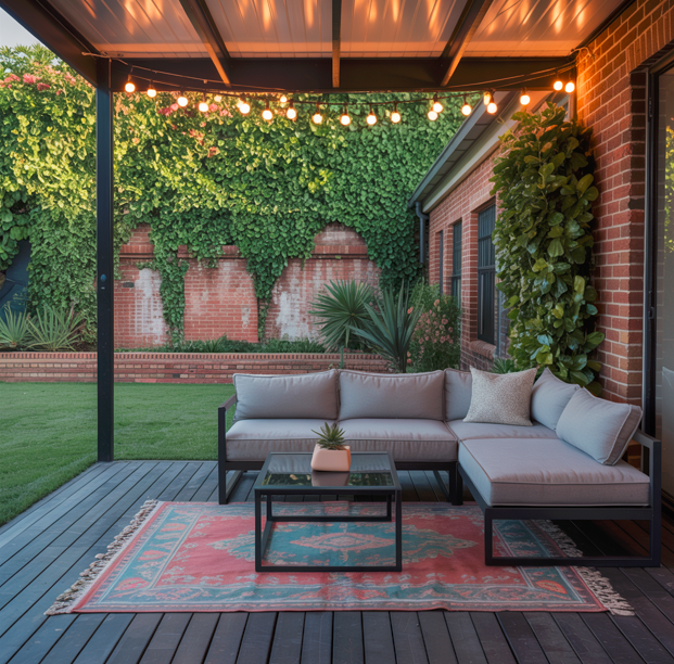 A cozy outdoor patio designed with Elementor features a gray sectional sofa, a glass coffee table, and a colorful rug under a covered roof with string lights. Green vines cover the brick wall in the background, and a well-kept lawn completes the scene.