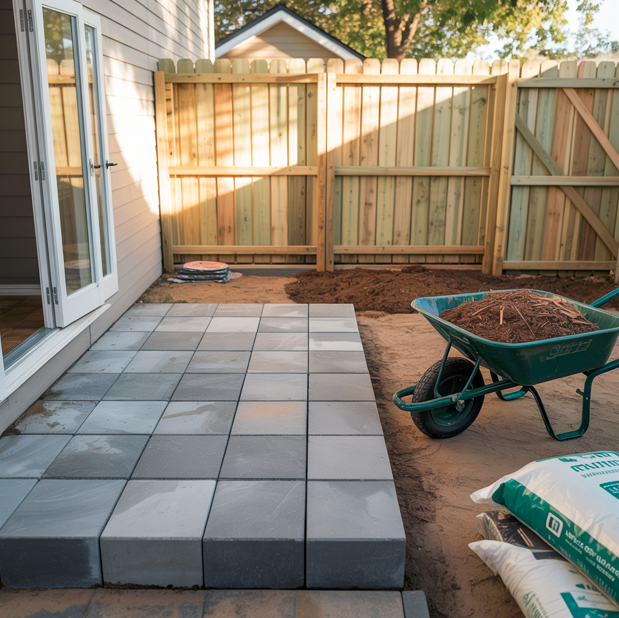 A partially completed backyard patio with gray concrete pavers, a wheelbarrow filled with dirt, bags of sand, and wood fencing surrounding the area on a sunny day—perfect inspiration for your next Elementor project.