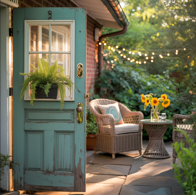 A turquoise door with a fern hanging on it opens to a cozy patio designed with Elementor, featuring wicker chairs, a table with sunflowers, and string lights. Lush greenery surrounds this inviting outdoor space on a sunny day.